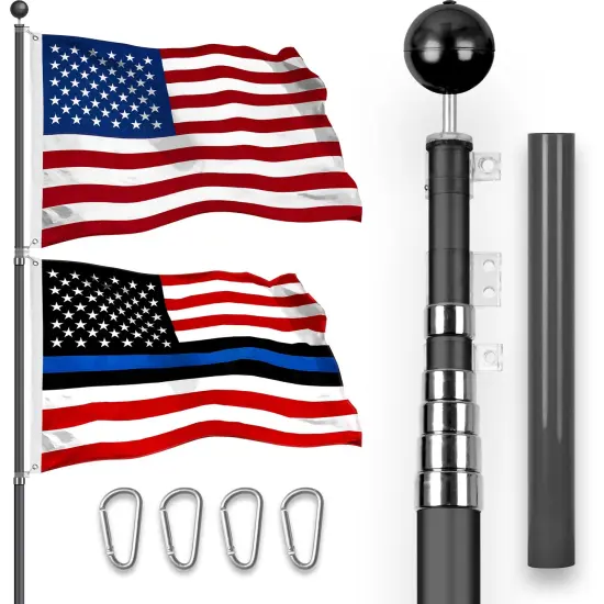 G128 Combo Pack: 25 Ft Telescoping Aluminum Flagpole (Black) & American and Blue Lives Matter Flags 3x5 Ft, Both StormFlyer Series Embroidered 220GSM Spun Polyester | Pole with Flags Included {1}