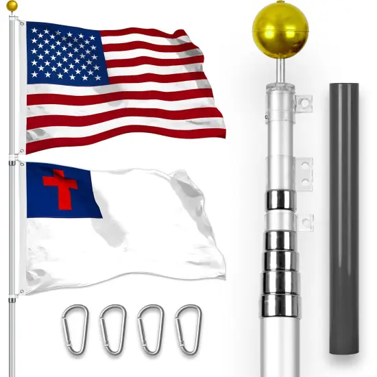 G128 Combo Pack: 25 Ft Telescoping Aluminum Flagpole (Silver) & American and Christian Flags 3x5 Ft, Both StormFlyer Series Embroidered 220GSM Spun Polyester | Pole with Flags Included {1}