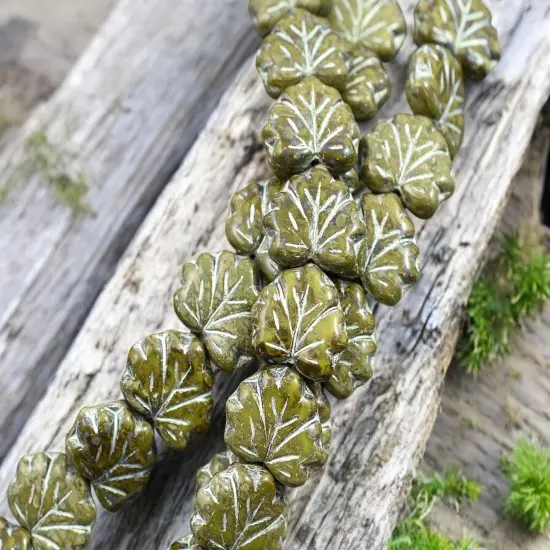 *12* 13x11mm Silver Washed Opaque Olive Travertine Maple Leaf Beads {2}