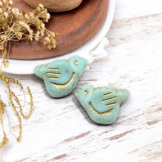 *2* 11x22mm Gold Washed Mint Green Bird Beads {1}