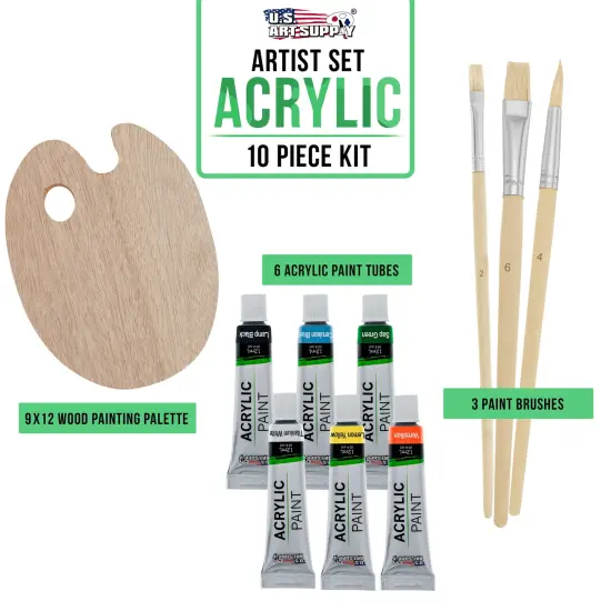 U.S. Art Supply Artist Painting Set with 6 Vivid Acrylic Paint Colors, Wood Painting Palette, 3 Brushes - Fun Kids, Students, Beginners Starters Kit {2}