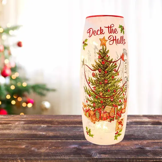 Stony Creek 11.75 In Vintage Postcard Large Vase Christmas Lighted Glass Accent , Christmas Decor Electric Pre-Lit Christmas TREE {4}