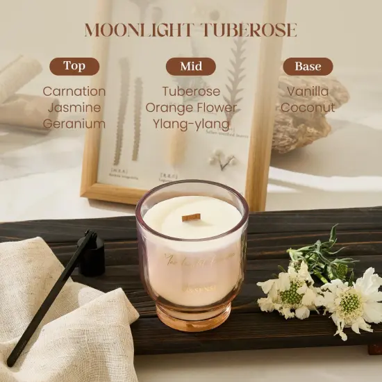 9.88oz Natural Soy Wax Jar Candle with Wooden Wick | Moonlight Tuberose Scent | 55-Hour Burn & Long-Lasting Burn | Candle Gift for Women {5}