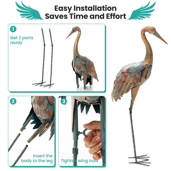 Set of 2 Crane Garden Statues Standing Metal Crane Sculptures Bird {5}