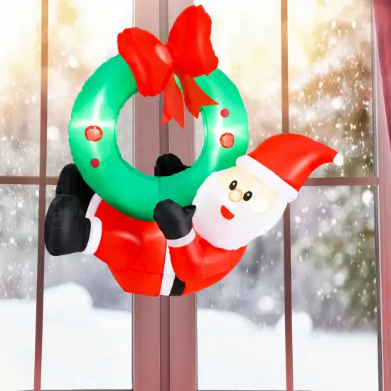 4-Feet Inflatable Santa Claus Wreath with Red Bow and 5 LED Lights {3}