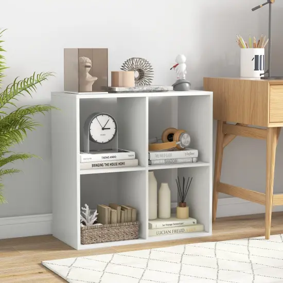 White 4 Storage Cube Bookshelf with Open Back Guardrail for Living Room Bedroom {2}