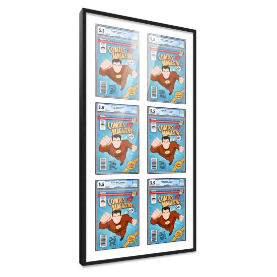 Comic Book Frame with Mat for 6 Graded Comics - Black Wood Comic Frame With White Mat for 8.125x13 Comics - 20.75x44.5 Frame Size {7}