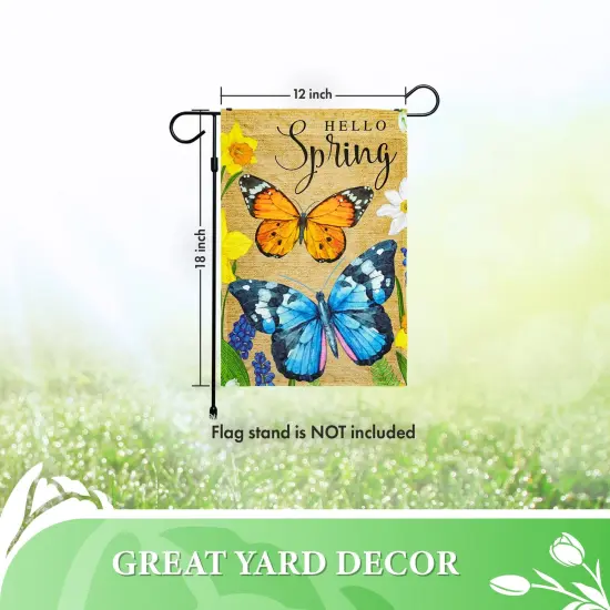 G128 - Hello Spring Butterflies and Flowers Garden Flag | 12x18 Inch | Printed 150D Polyester - Rustic Holiday Seasonal Outdoor Flag {6}