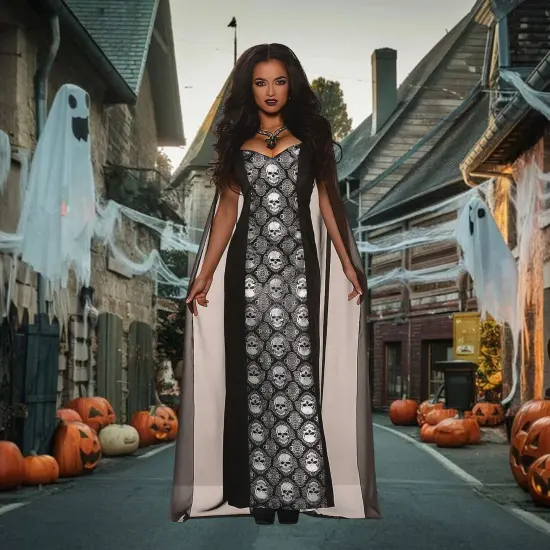 Womens Mortalia Costume Full Length Dress Skull Jacquard Trim Halloween {2}