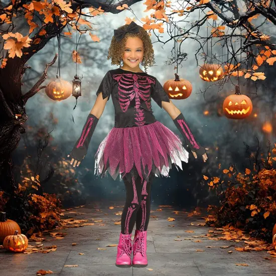Skele Girl Pink Child Costume Skeleton Print Tutu Skirt Gloves {1}