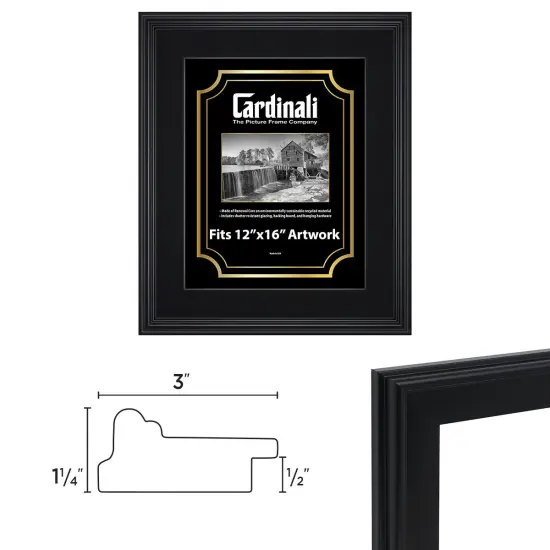 Cardinali Plein Air, Black 12x16" Picture Frame with Acrylic Glazing & Cardboard Backing, for Photography or Canvas Frame, 3 Wide Moulding, 1/2 Rabbet Depth, D-Ring Hangers Included {4}