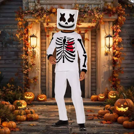 Kids Marshmello Black and White Mello Skeleton Costume Halloween DJ Mask Shirt Dress Up Outfit {2}