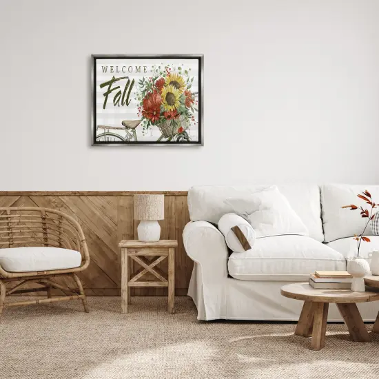 Welcome Fall Autumnal Flower Assortment Bicycle Basket Floating Frame Canvas Art Gray {2}