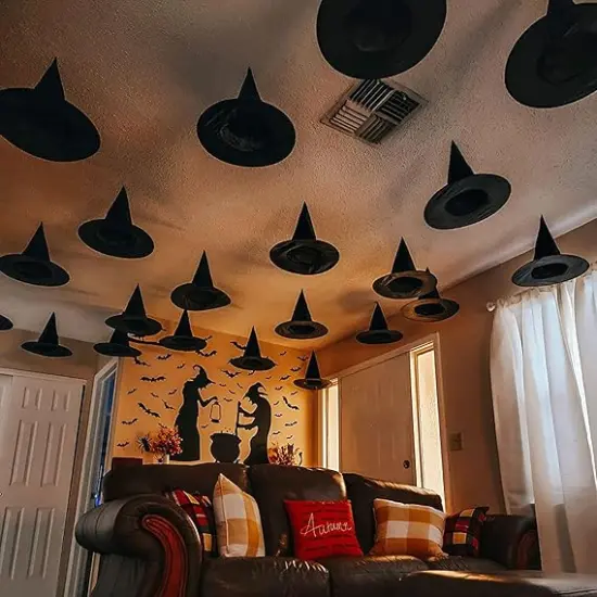 12 Pcs Halloween Black Witch Hats with Hanging Rope {2}