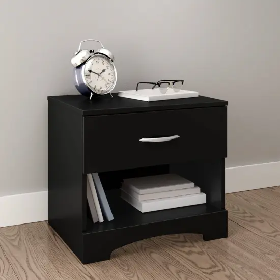 Modern Bedroom MDF Laminate Nightstand with Drawer and Open Storage Metal Handle White {5}