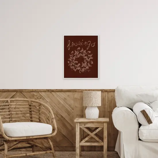 Blessings Brown Autumn Wreath Framed Giclee Art White {2}