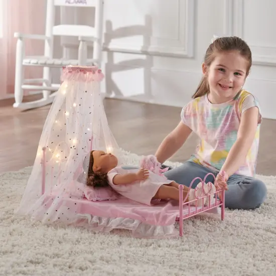 Badger Basket Starlights LED Canopy Metal Doll Bed with Bedding - Pink {2}
