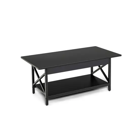 Black Wood Metal Coffee Table with Shelf, X Shaped Frame {1}