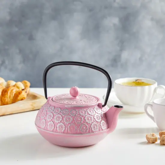 Pink Floral Cast Iron Teapot Kettle with Stainless Steel Loose Leaf Infuser (34 oz) {2}