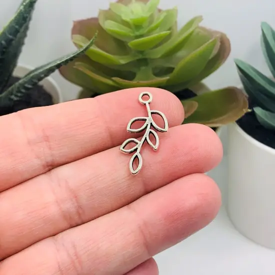 Small Antiqued Silver Tree Branch Charm, Leaf Connector, 25x11mm {3}