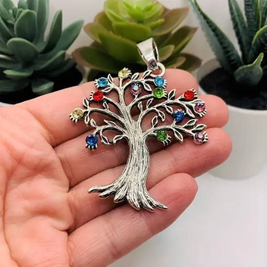 Large Silver Tree Pendant with Rhinestones, 69x50mm {2}