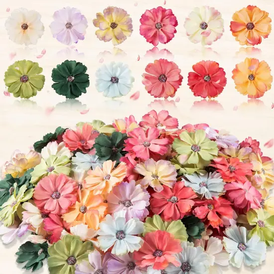 120 Pcs Faux Flowers Heads for Crafts Artificial Small Silk Daisy Flowers Embellishments 1.5 Inch Mini Assorted Faux Daisy Bulk DIY Wreath for DIY Holiday Wedding Party Home Garden {1}