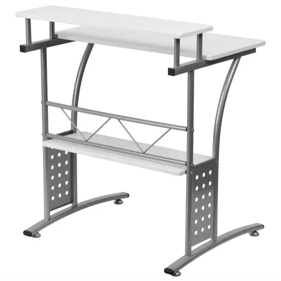 Silver-White Metal Frame Computer Desk with Laminate Top and Raised Monitor Shelf {2}