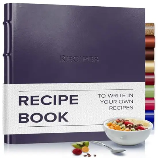 Gallery Leather Recipe book to write your own recipes - 3 Ring Recipe Binder With Protective Plastic Sleeves, Blank Cards, 25 Pocket Pages and Ivory Cards, Refillable - 9.25 x 8 " Camden Violet {1}