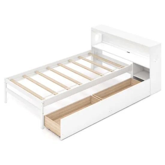 Costway Twin Size Bed Frame with LED Light & Power Outlet Bookcase Headboard Drawers White/Gray {7}