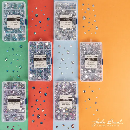 John Bead Red AB Assorted Round & Oval Acrylic Flat Back Rhinestones Box {2}