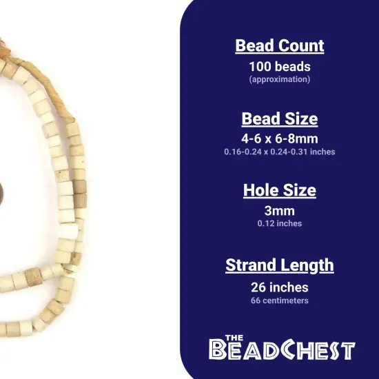 The Bead Chest Old White Nigerian Goomba Beads 7mm African Cylinder Glass Large Hole 26 Inch Strand Handmade {3}