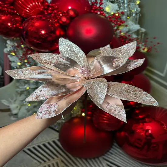 Rose Gold Metallic Poinsettia Flower Stem beaded with Sequins Set of 2 {4}