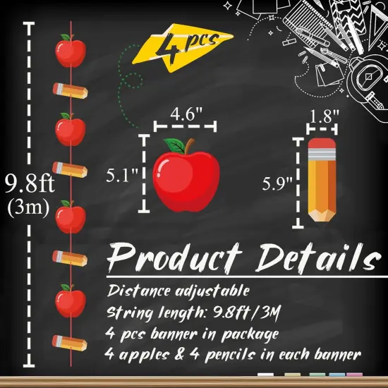 4 Strings Pencil Apple Garland Banner Welcome Back to School Decorations {3}