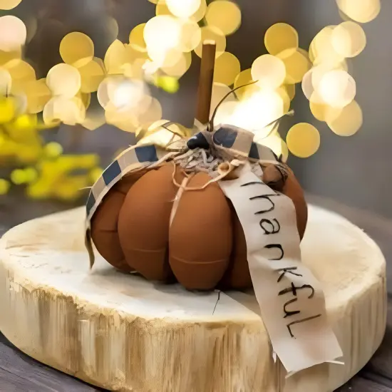 Brown Fabric Stuffed Thankful Pumpkin with Gingham Bow, Vine, and Burlap Tag {2}