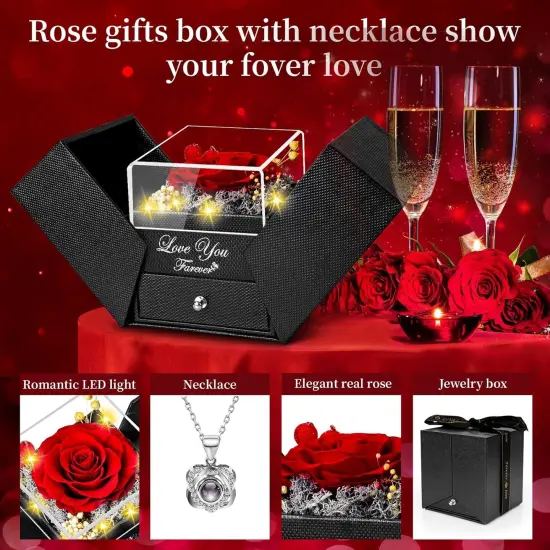 Preserved Red Real Rose Eternal Flowers Birthday Gifts for Women - Red {2}