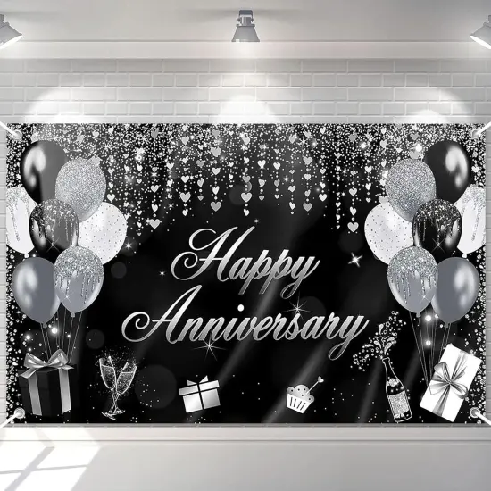 70.8 x 43.3 Inch (Black and Silver)Banner Glitter Happy Anniversary Decorations {1}