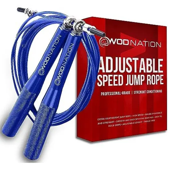 WOD Nation Aluminum Handle High Speed Adjustable Jump Rope for Women and Men - Perfect Skipping Rope for Boxing, Fitness, Workout - Blue {1}