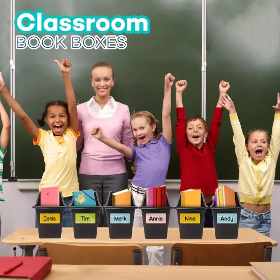 4E's Novelty 6 Pack Large Book Bin with Labels, Durable Black Book Bins for Classroom, Large Plastic Bins for Books, Sturdy Containers for Books, Versatile Classroom Textbook Boxes for Various Use {3}