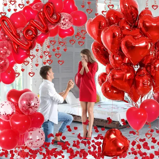 Red Party Decorations - Heart Balloons, Love Balloon & Rose Petals {2}