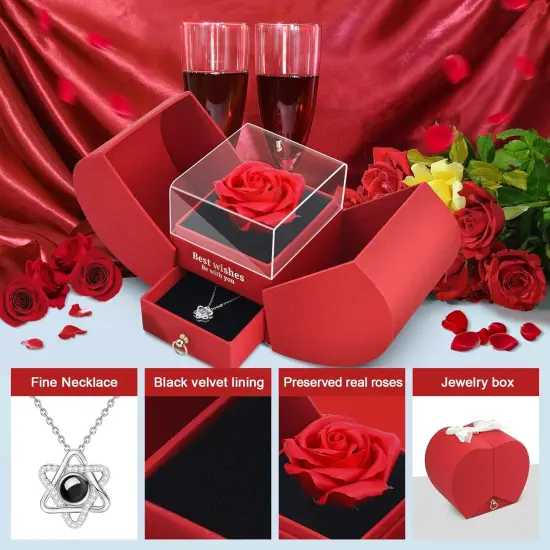 Preserved Red Real Rose Necklace 'I Love You' in 100 Languages {4}