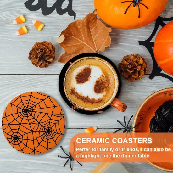 4Pcs Halloween Coasters Orange Black Round Ceramic Coaster Trick {4}
