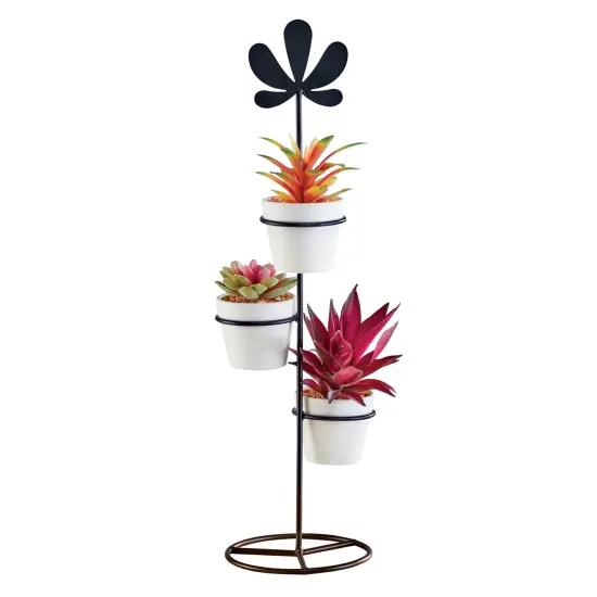 Collections Etc Artificial Succulents in White Pots and Iron Stand Set {2}