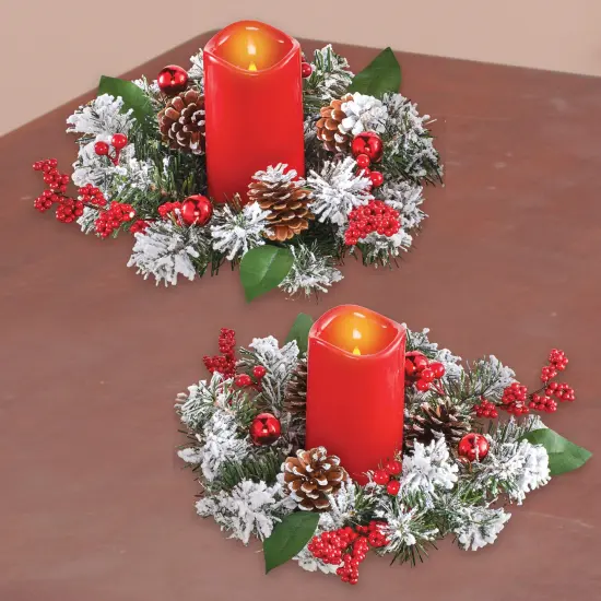 Collections Etc Frosted Pine Rings and Flameless Candles, 2 Pc {1}