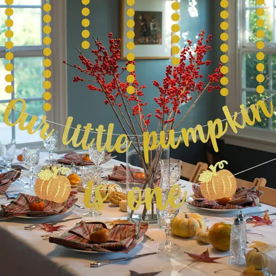 Gold Glitter Our Little Pumpkin is One Birthday Banner {2}