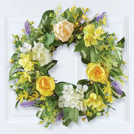 Collections Etc Yellow Rose Garden Hanging Spring Wreath {1}