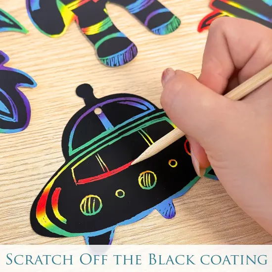 Wrapables 36pc Rainbow Scratch Arts Ornaments, DIY Magic Scratch Arts and Crafts, Outer Space {3}