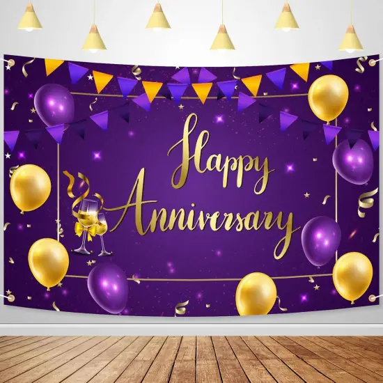 Happy Anniversary Backdrop Banner Decor Purple Gold {1}