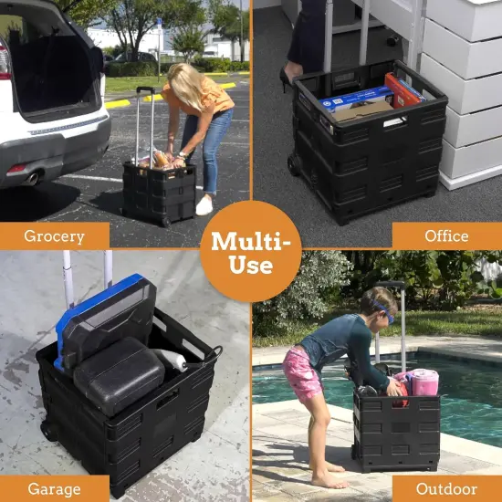Ultra-Slim Rolling Collapsible Storage Pack-N-Roll Utility-carts, with Telescopic Handle, for Home, Garden, Shopping, Office, School use, Medium, Black {5}