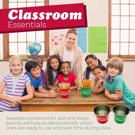 4E's Novelty Sharp and Dull Pencil Buckets - Set of 2 Metal Tin Pails, Back to School Teachers Classroom Management Organization Supplies {3}