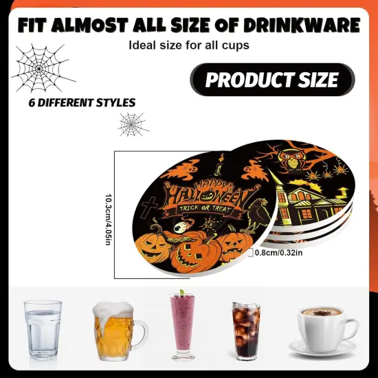 6Pcs Halloween Coasters Vintage Ceramic Coasters Pumpkin, 4.1 x 0.3 Inch {2}